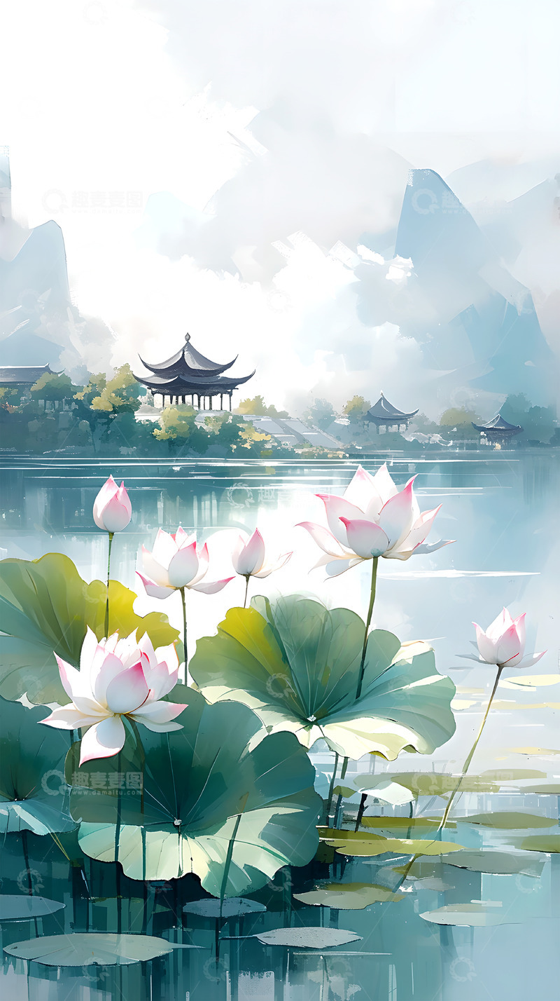 高清大图下载【趣麦麦图】水墨荷花古风亭子山水背景图