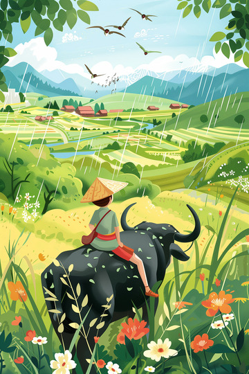 春雨中牧童放牛插画背景