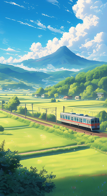 春天自然风光火车田野高山插画背景