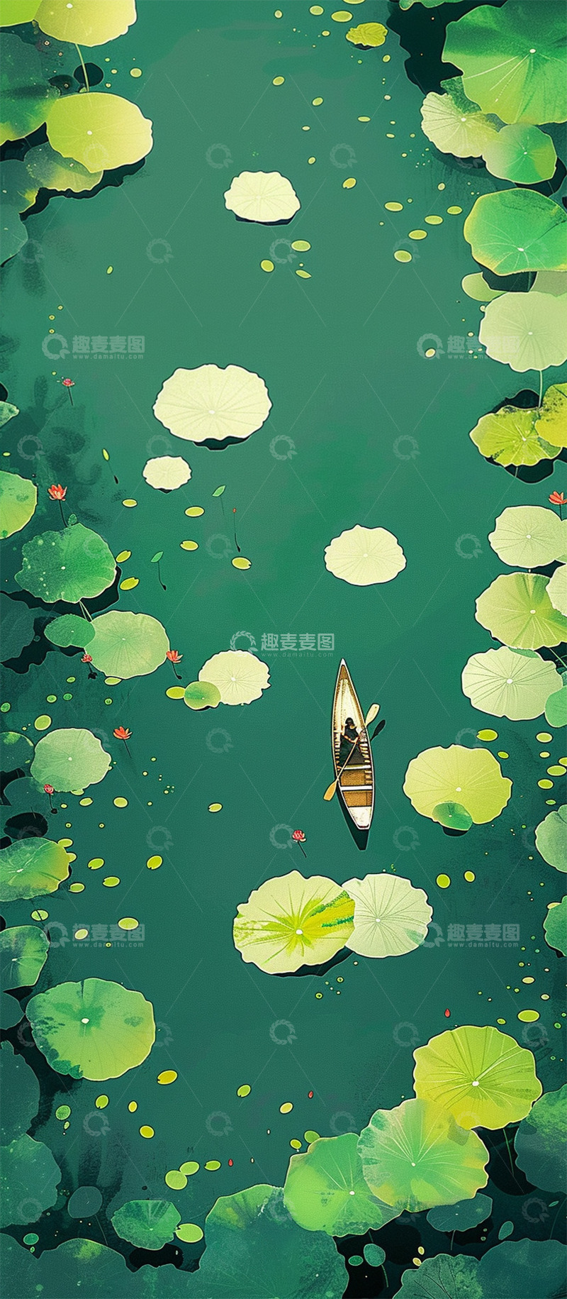 高清大图下载【趣麦麦图】中式水面荷叶小舟
