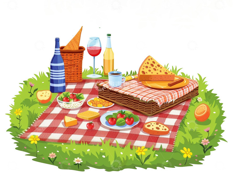 草地野餐场景卡通插画