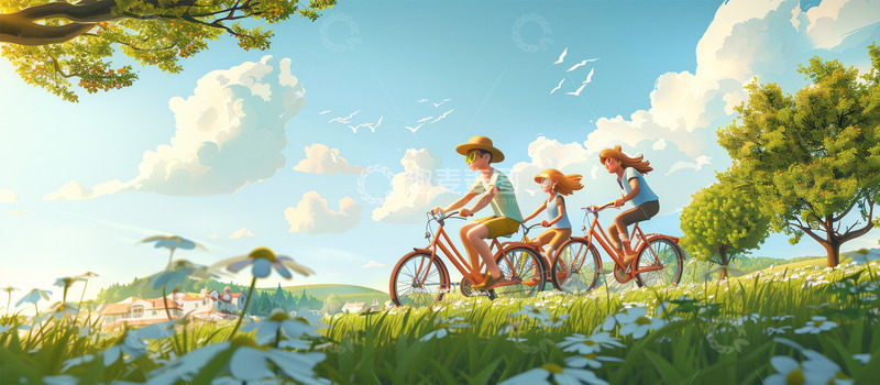 高清大图下载【趣麦麦图】春季一家人户外骑行