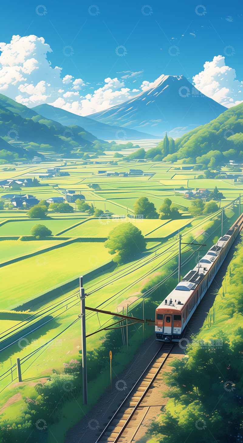 高清大图下载【趣麦麦图】春天火车行驶在麦田中插画背景