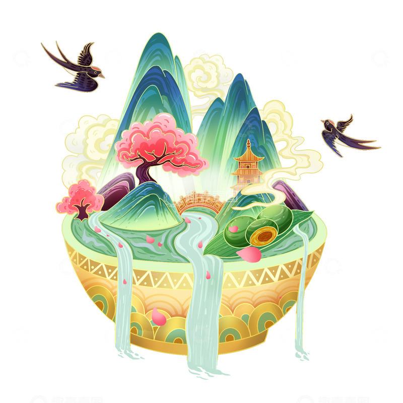 源文件下载【趣麦麦图】国潮清明节山水青团燕子清明装饰元素