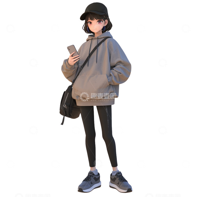 高清大图下载【趣麦麦图】穿着卫衣看手机的时尚少女