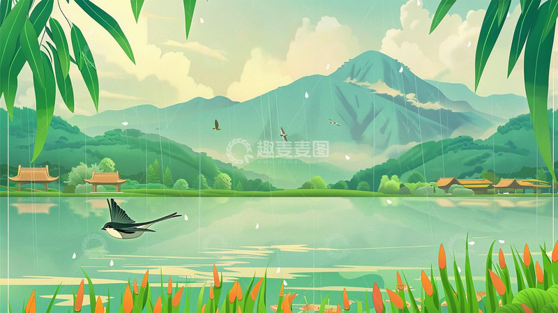 高清大图下载【趣麦麦图】国潮风清明节绿色山水海报背景装饰