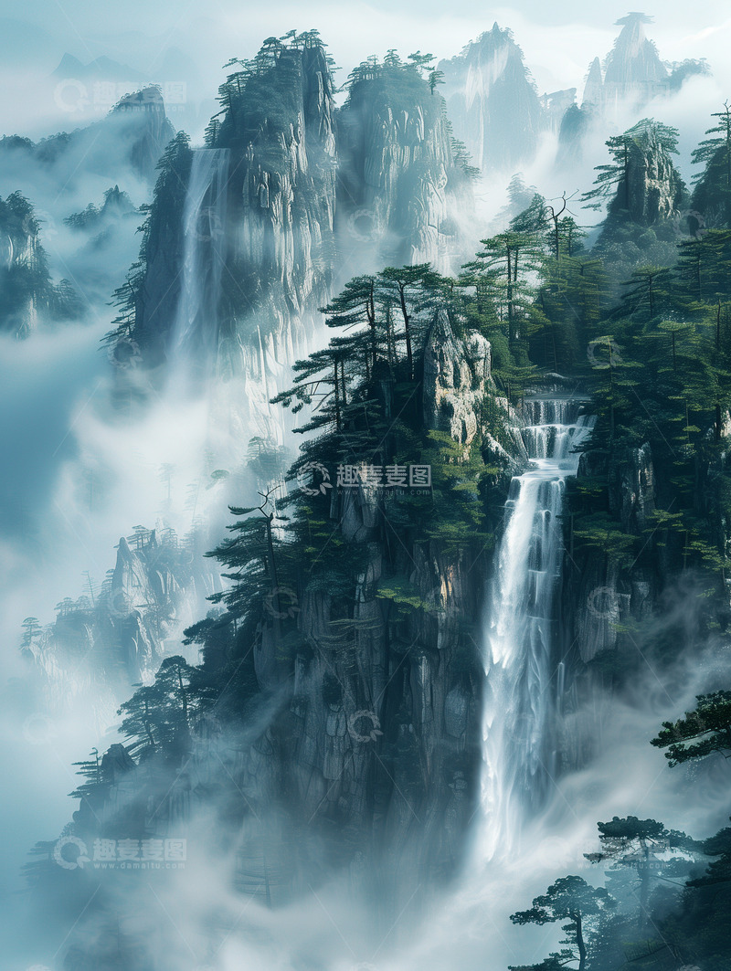 高清大图下载【趣麦麦图】自然景观山峰瀑布树木背景