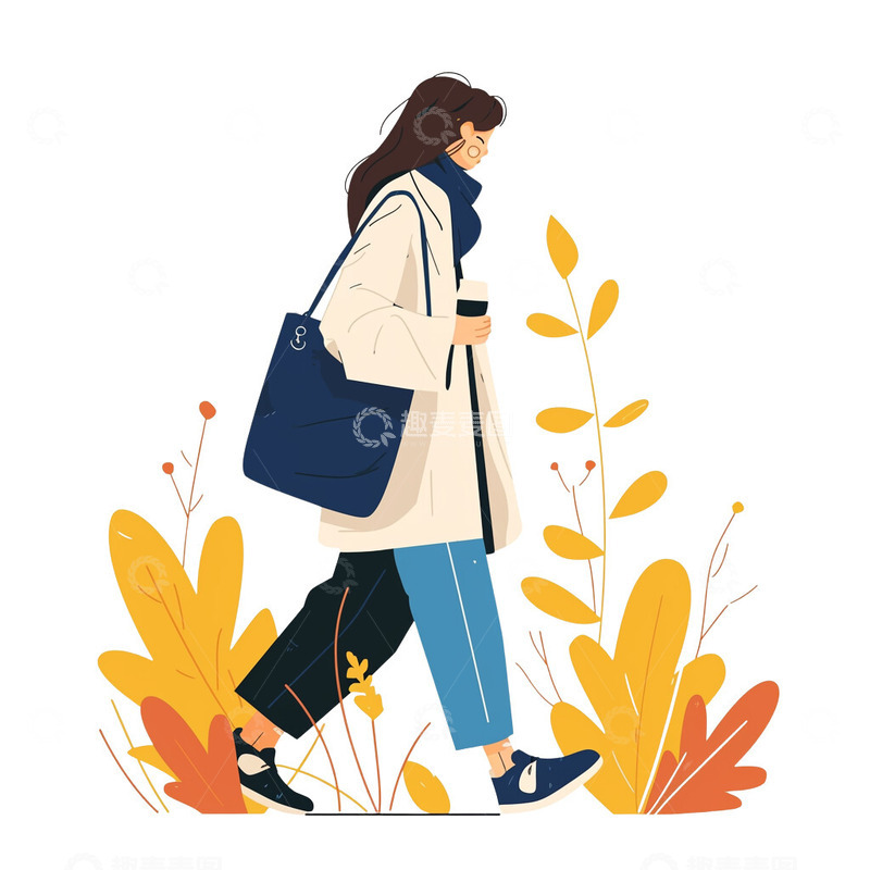 高清大图下载【趣麦麦图】秋季外出走路的女孩子插画植物背景