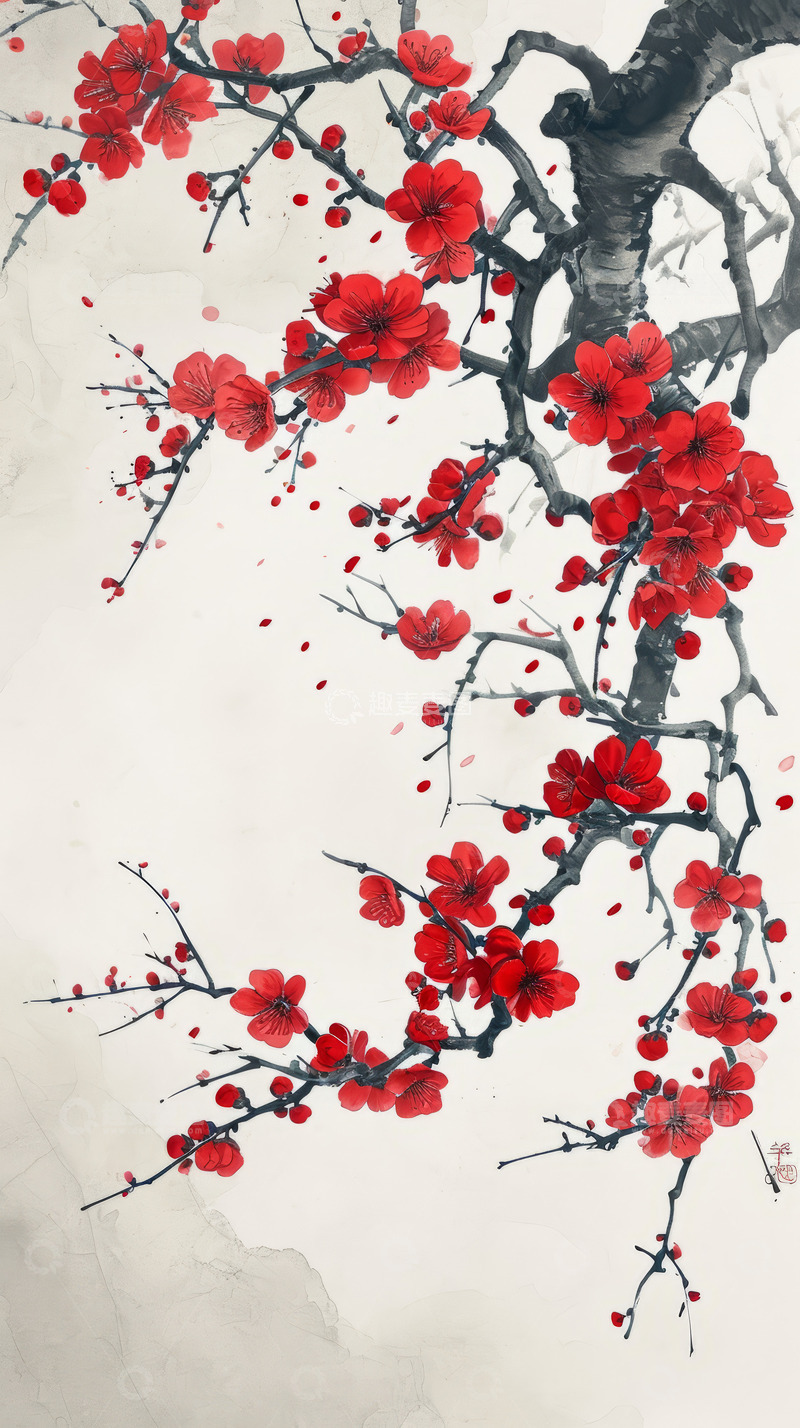 高清大图下载【趣麦麦图】手绘水墨山水画梅花中国风复古古风海报背景