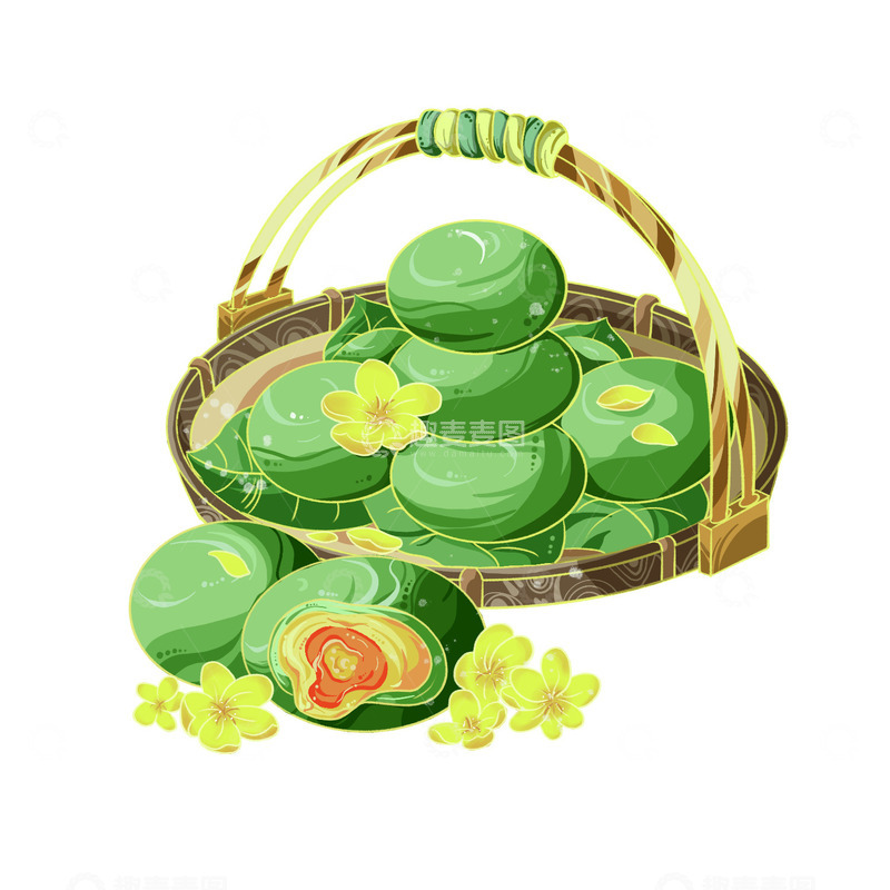 源文件下载【趣麦麦图】青团青团艾草清明节油菜花国潮