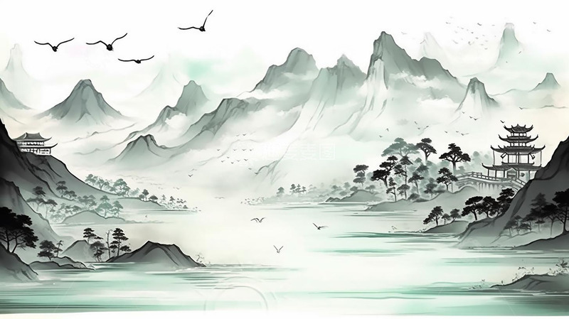 高清大图下载【趣麦麦图】中国风古风诗意水墨山水画背景
