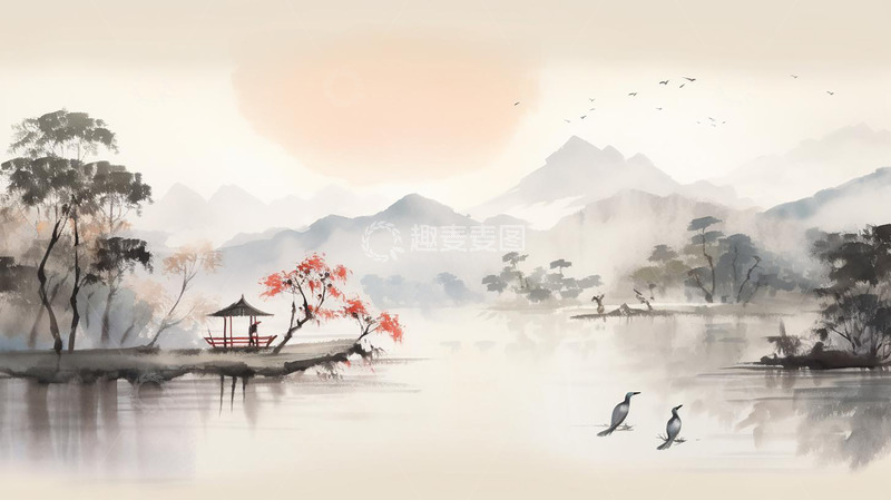 高清大图下载【趣麦麦图】古风山水中国风水墨海报背景