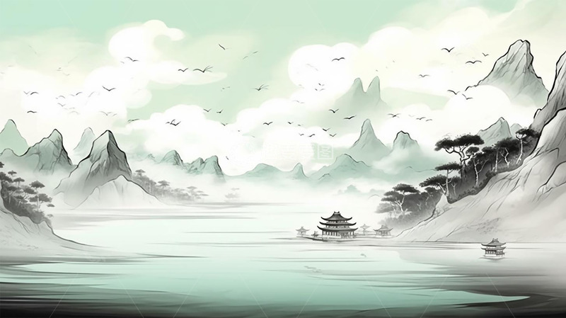高清大图下载【趣麦麦图】-手绘意境中国风水墨画山水海报背景