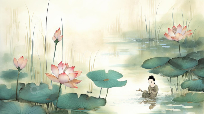 高清大图下载【趣麦麦图】中式复古水墨画荷花背景