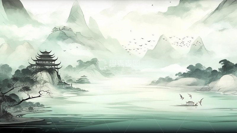 高清大图下载【趣麦麦图】中国风水墨山水水墨插画海报背景