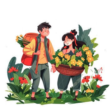 兄妹户外采花场景