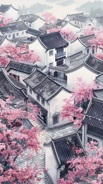 桃花盛开的古镇背景