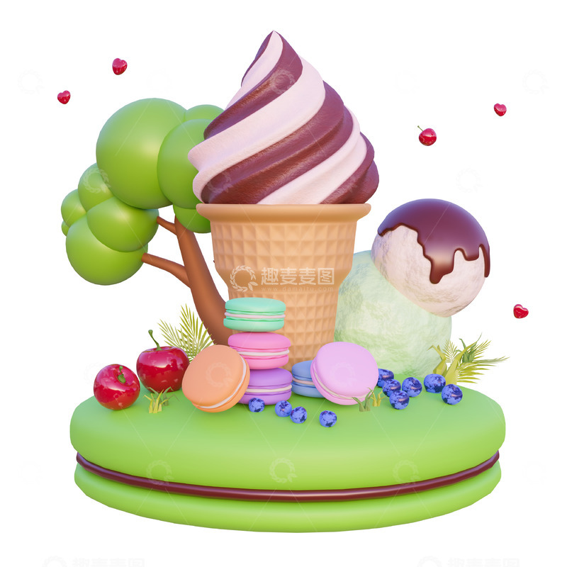 源文件下载【趣麦麦图】3D卡通水果冰淇淋甜品美食元素