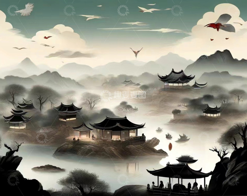 高清大图下载【趣麦麦图】古风国风清明山河古亭