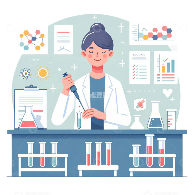 高清大图下载【趣麦麦图】女科学家做实验扁平插画风格