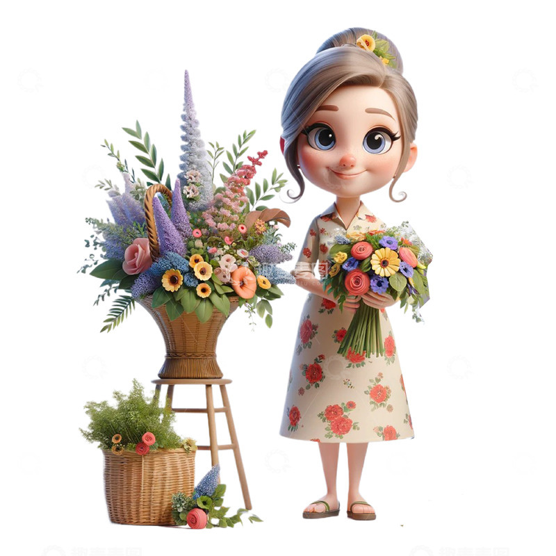 高清大图下载【趣麦麦图】3D鲜花站女员工卡通形象