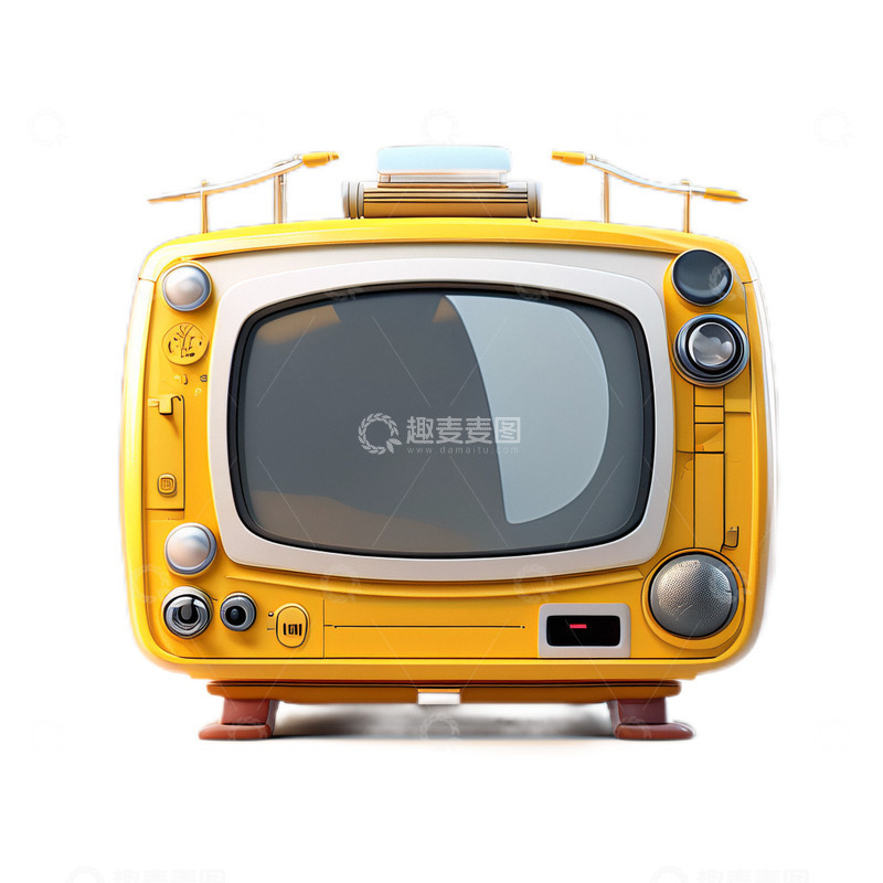 高清大图下载【趣麦麦图】3D立体可爱卡通老式电视机台式黄色