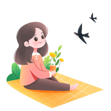 春天出门踏青的女孩元素