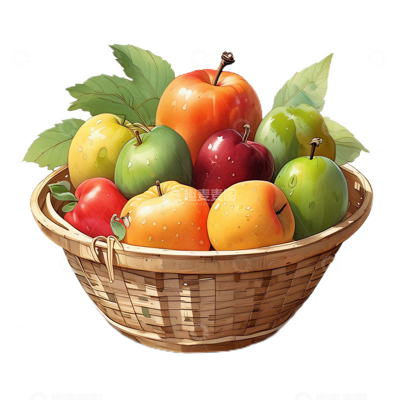 高清大图下载【趣麦麦图】卡通立体藤编篮子水果篮水彩郊游水果新鲜