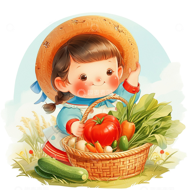 高清大图下载【趣麦麦图】可爱女孩农夫丰收场景素材