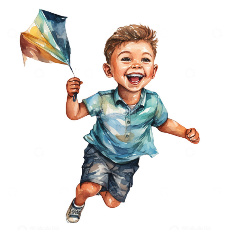 高清大图下载【趣麦麦图】水彩小孩可爱放风筝开心蓝色上衣