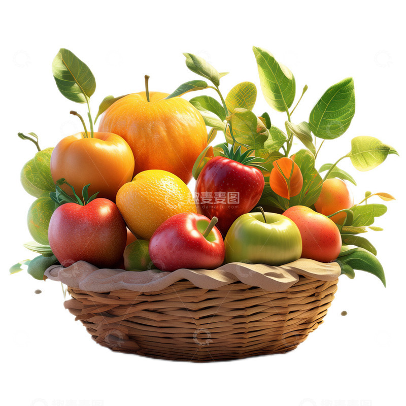 高清大图下载【趣麦麦图】-3D卡通立体藤编篮子水果篮水果郊游