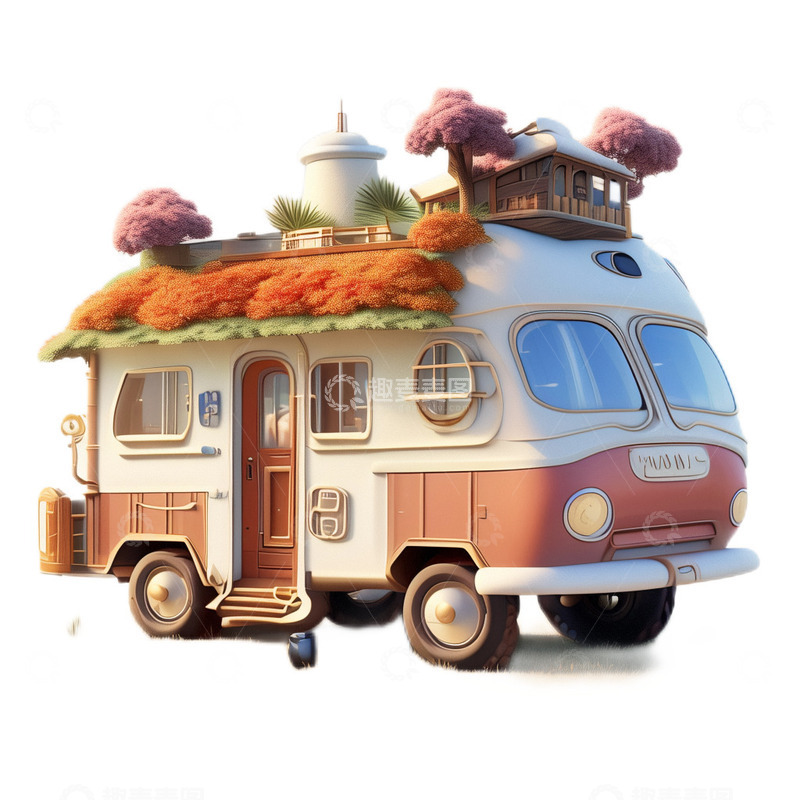 高清大图下载【趣麦麦图】3D立体可爱卡通房车交通工具粉色