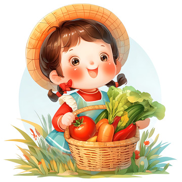 可爱小女孩蔬果采摘卡通素材