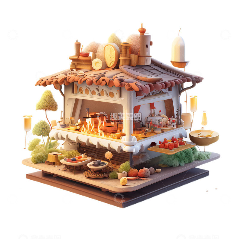 高清大图下载【趣麦麦图】3D立体卡通木房郊游春日烧烤