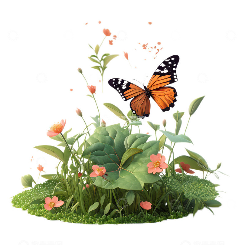 高清大图下载【趣麦麦图】3D立体春游植物蝴蝶卡通春天
