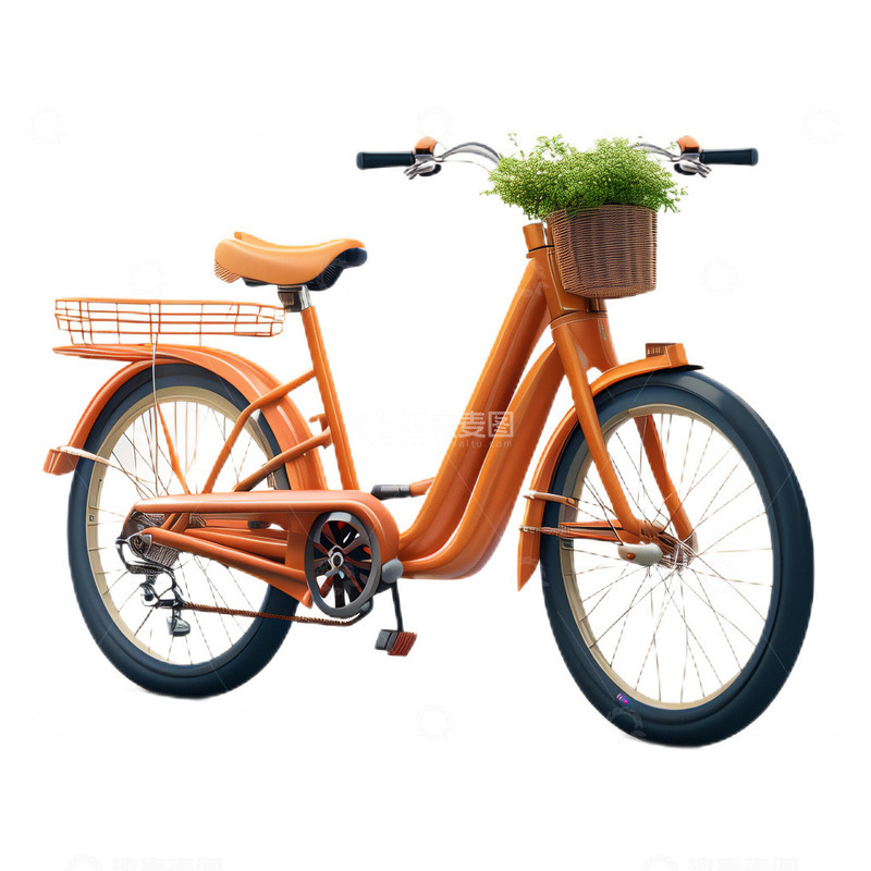 高清大图下载【趣麦麦图】3D可爱卡通自行车橙色植物