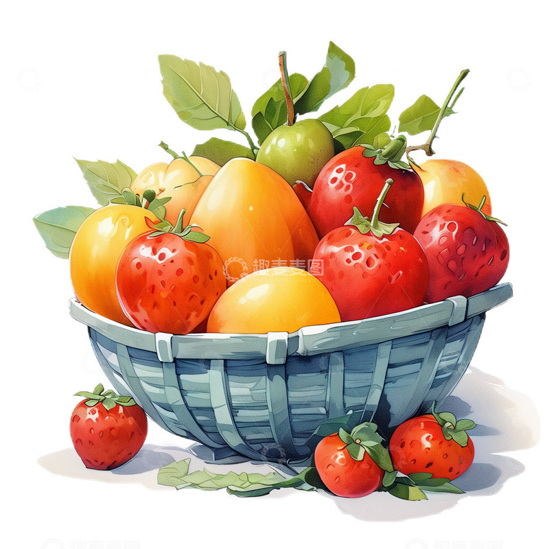 高清大图下载【趣麦麦图】蓝色篮子水果篮水彩郊游水果新鲜