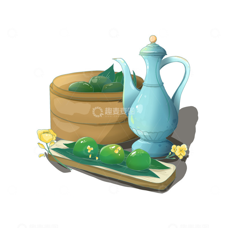 源文件下载【趣麦麦图】清明节青团油菜花酒壶元素