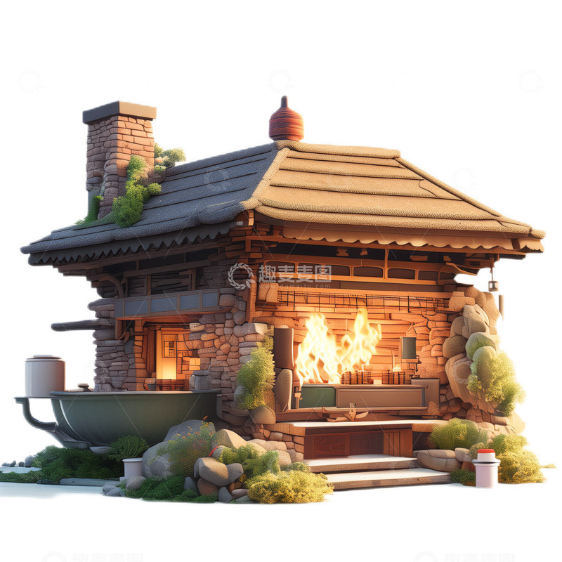 高清大图下载【趣麦麦图】3D立体卡通石房郊游春日烧烤