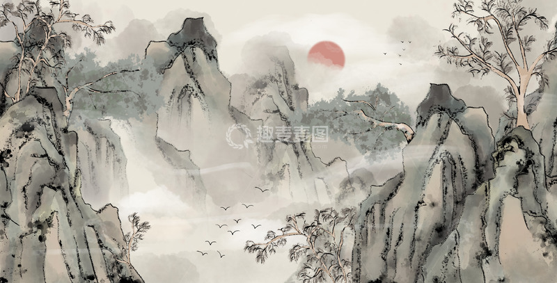 源文件下载【趣麦麦图】水墨画风景背景图