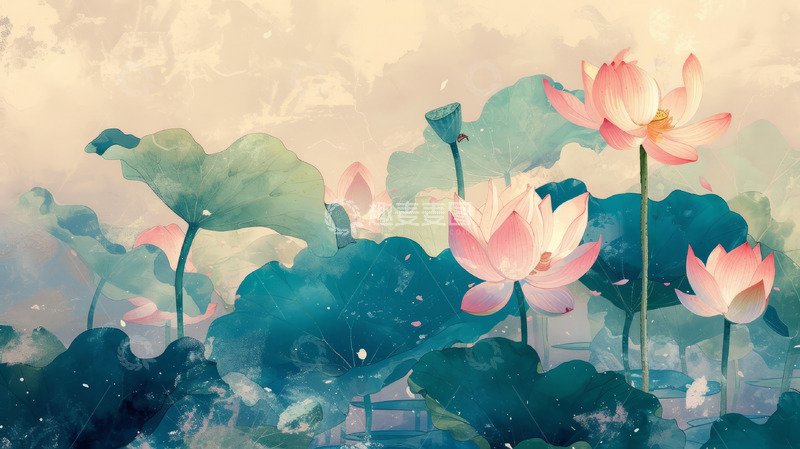 高清大图下载【趣麦麦图】水墨荷花山水背景图