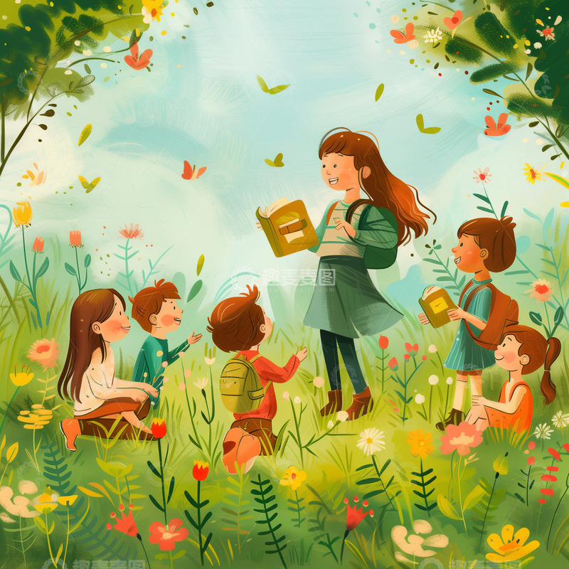 高清大图下载【趣麦麦图】-户外郊游讲故事插画背景