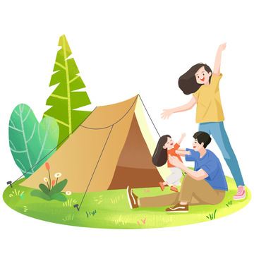 家人朋友春天出游露营场景