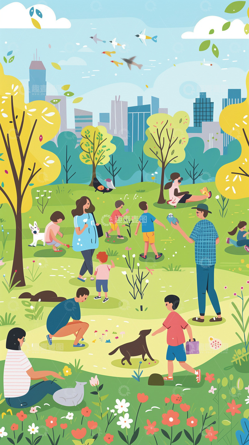 高清大图下载【趣麦麦图】-户外郊游城市公园插画背景