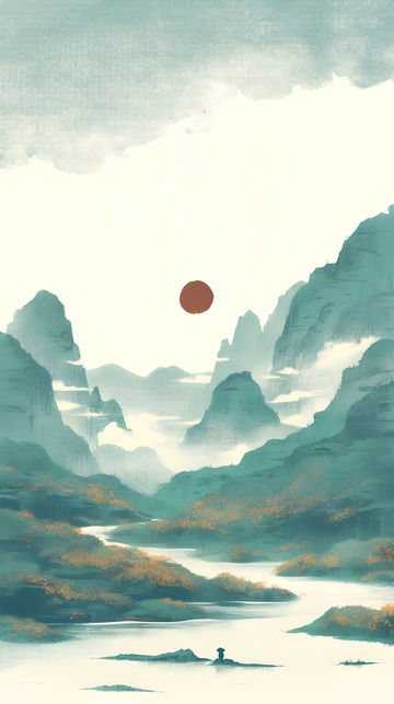 中国风夕阳山水水墨风背景