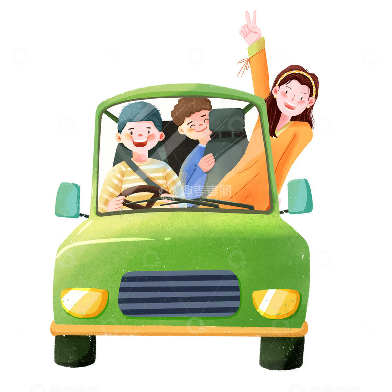 手绘好朋友一起旅行开车出发春游踏青