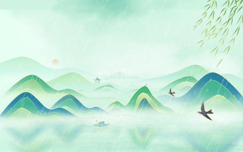 源文件下载【趣麦麦图】-国潮山水绿色中国风山水海报背景