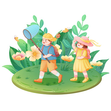 卡通风春季春天郊游男孩女孩踏青场景元素