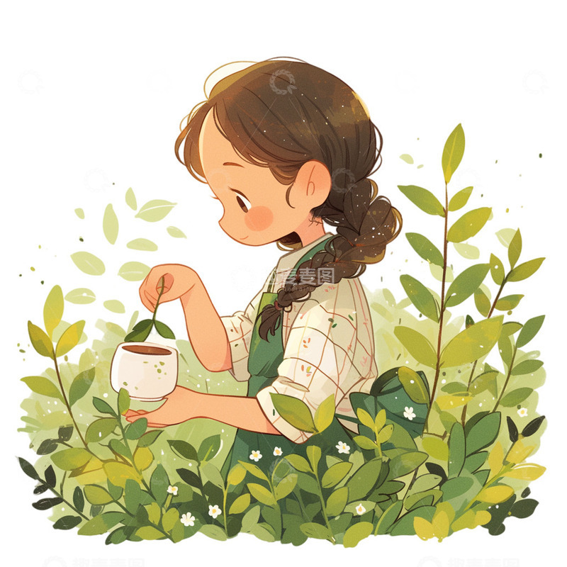 高清大图下载【趣麦麦图】春茶女孩泡茶绿茶茶叶采摘元素