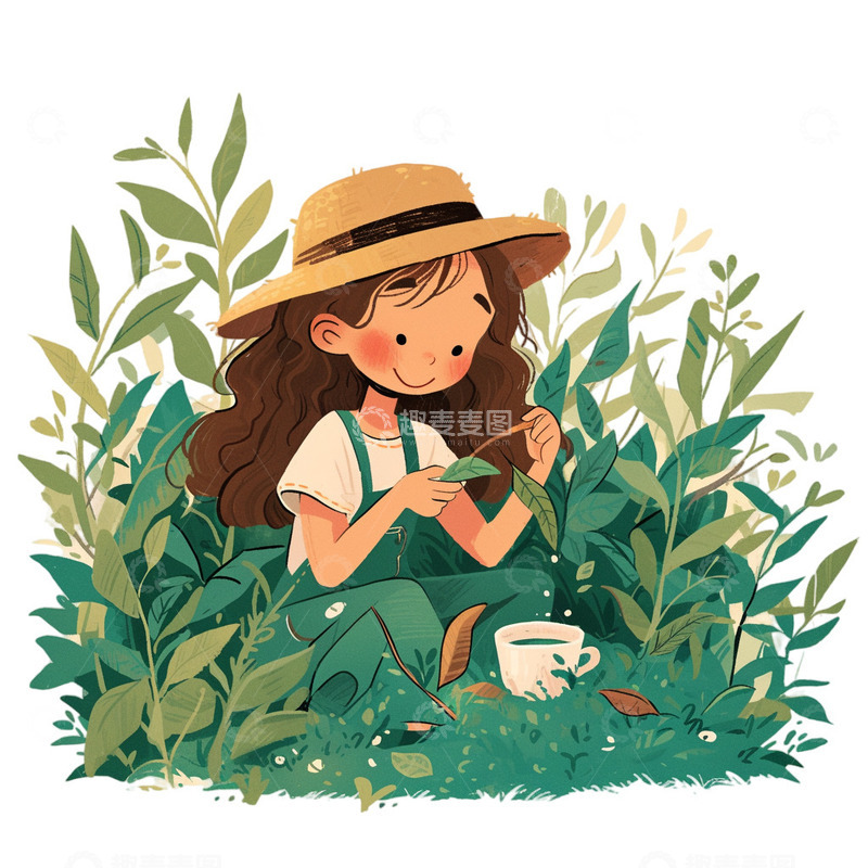高清大图下载【趣麦麦图】春茶草帽女孩观察茶叶采摘泡茶元素